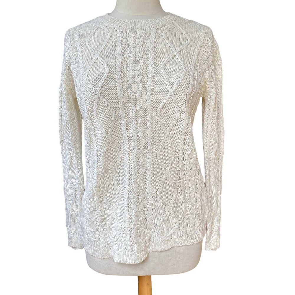 Vintage Country Store 100% Linen Cable Knit Sweater Cream Fisherman Coastal-S